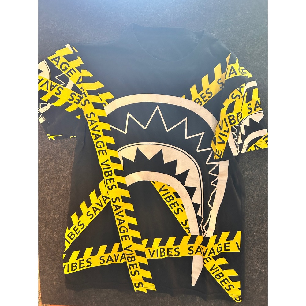Savage Vibes Mens Shark Mouth Graphic T-Shirt Blk Yellow Caution Tape Streetwear